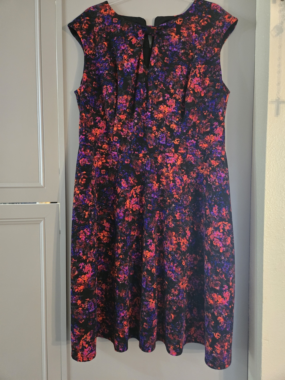 Floral Cap-Sleeve Midi Dress in Black with Red & Purple Floral